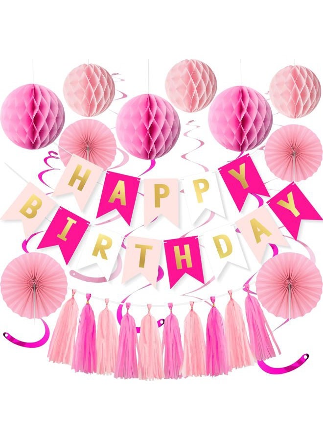 Qmraercu Pink Birthday Decorations, Happy Birthday Banner with Honeycomb Balls, Hanging Swirl Streamers Tassel ,Pink Paper Fans Birthday Party Decorations for Women Girls Happy Birthday Decorations - Image 1