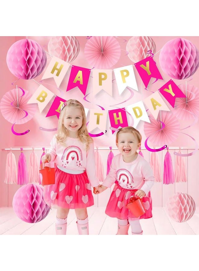 Qmraercu Pink Birthday Decorations, Happy Birthday Banner with Honeycomb Balls, Hanging Swirl Streamers Tassel ,Pink Paper Fans Birthday Party Decorations for Women Girls Happy Birthday Decorations - Image 5