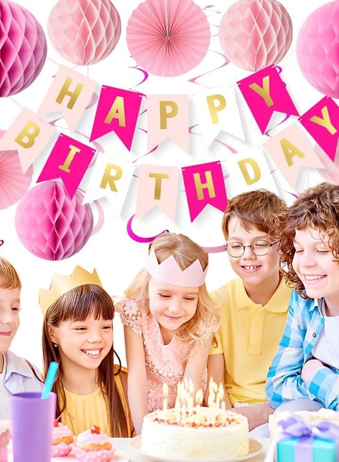 Qmraercu Pink Birthday Decorations, Happy Birthday Banner with Honeycomb Balls, Hanging Swirl Streamers Tassel ,Pink Paper Fans Birthday Party Decorations for Women Girls Happy Birthday Decorations - Image 4