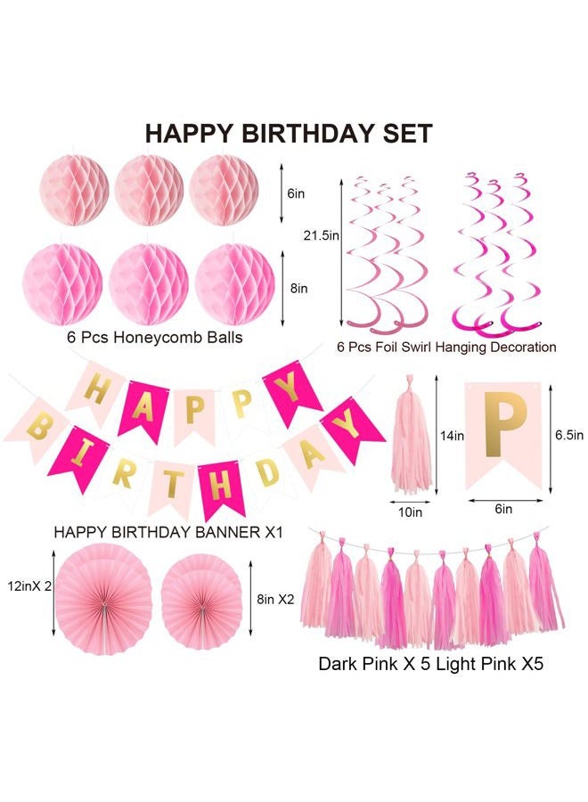 Qmraercu Pink Birthday Decorations, Happy Birthday Banner with Honeycomb Balls, Hanging Swirl Streamers Tassel ,Pink Paper Fans Birthday Party Decorations for Women Girls Happy Birthday Decorations - Image 2