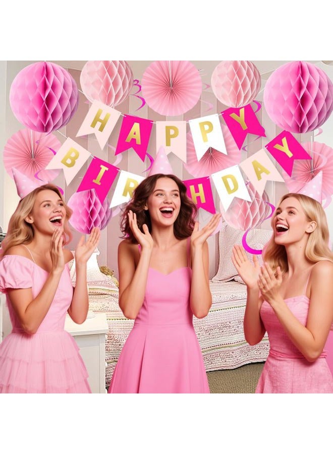 Qmraercu Pink Birthday Decorations, Happy Birthday Banner with Honeycomb Balls, Hanging Swirl Streamers Tassel ,Pink Paper Fans Birthday Party Decorations for Women Girls Happy Birthday Decorations - Image 3