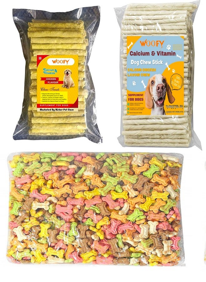 مجموعة طعام الكلاب (1 كجم من أعواد المضغ البيضاء + 1 كجم من قطع الدجاج المنعشة + 1 كجم من بسكويت الكلاب الملون) - 3 كجم - Image 1