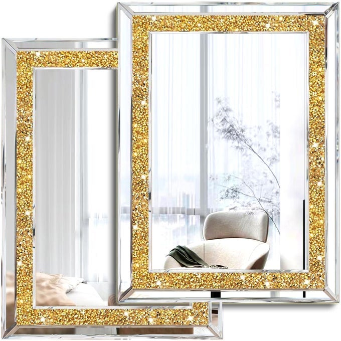 2 PIECE WALL MIRRORS CRUSH DIAMOND WALL DECOR GOLD COLOR DECORATIVE MIRRORS FOR LIVING ROOM BEDROOM BATHROOM 11X15