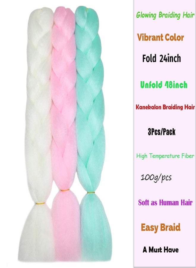 GARDX Glow in the Dark Colorful Jumbo Braiding Hair Extensions for Rainbow Braids 24inch 3pcs (White/Pink/Green) - Image 2