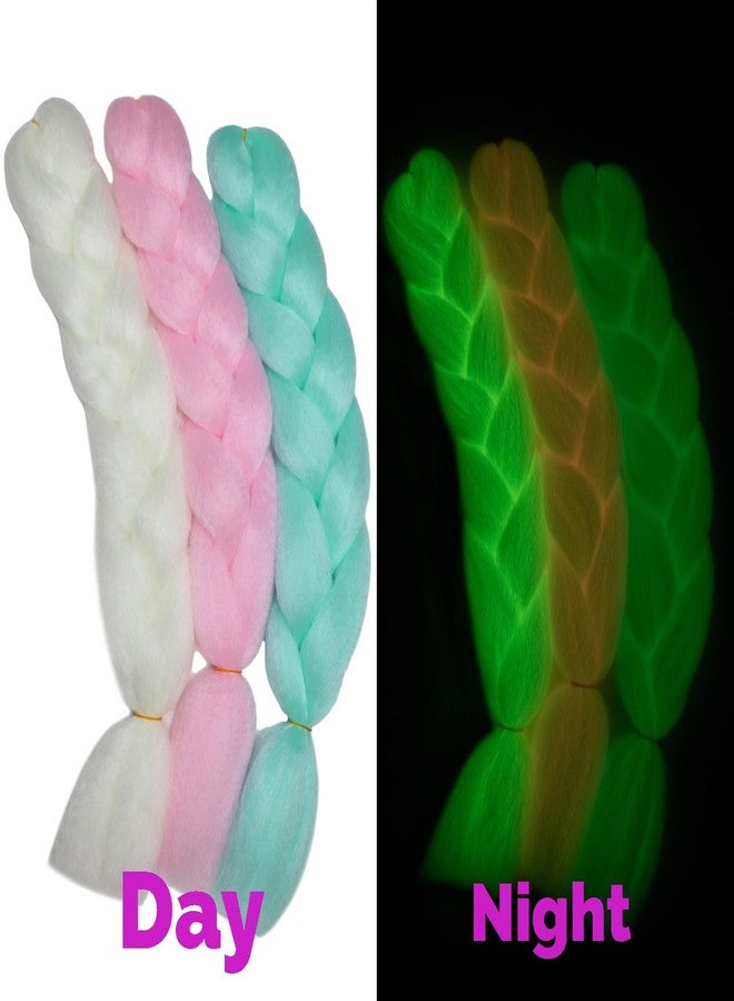 GARDX Glow in the Dark Colorful Jumbo Braiding Hair Extensions for Rainbow Braids 24inch 3pcs (White/Pink/Green) - Image 4