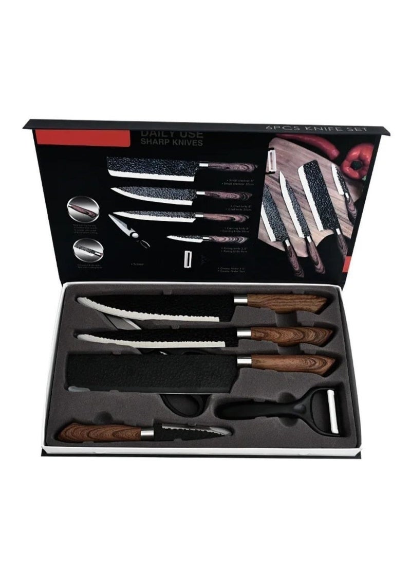 6-Piece Professional Kitchen Knife Set with Wooden Handles – 4 Knives, Scissors & Peeler – Multi-Purpose - Image 1