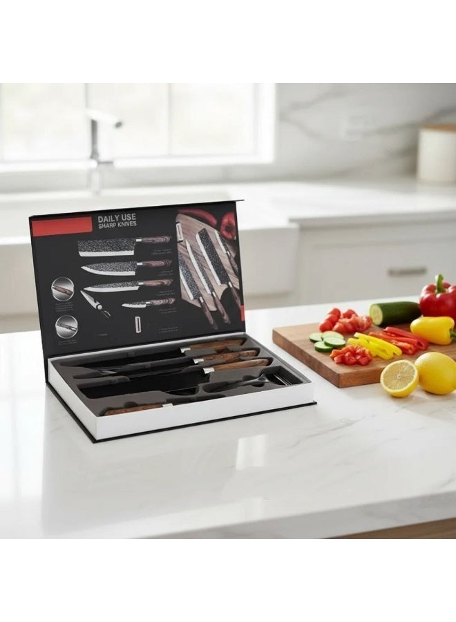 6-Piece Professional Kitchen Knife Set with Wooden Handles – 4 Knives, Scissors & Peeler – Multi-Purpose - Image 3
