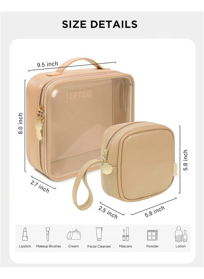 LETGO 2Pack Clear Makeup Bag Organizer Set Clear Cosmetics Bags With Handle Make Up Pouches Travel Szie Toiletry Bag Travel Essentials Pink Car Accessories For Women Men Girls (Handle-Sand, Large+Mini) - Image 2