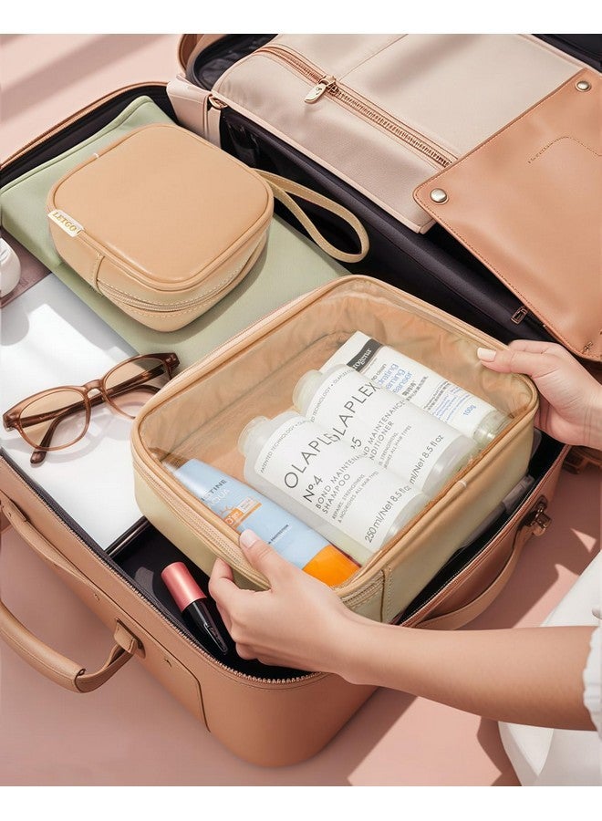 LETGO 2Pack Clear Makeup Bag Organizer Set Clear Cosmetics Bags With Handle Make Up Pouches Travel Szie Toiletry Bag Travel Essentials Pink Car Accessories For Women Men Girls (Handle-Sand, Large+Mini) - Image 4