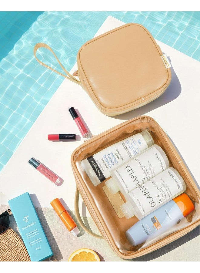 LETGO 2Pack Clear Makeup Bag Organizer Set Clear Cosmetics Bags With Handle Make Up Pouches Travel Szie Toiletry Bag Travel Essentials Pink Car Accessories For Women Men Girls (Handle-Sand, Large+Mini) - Image 3