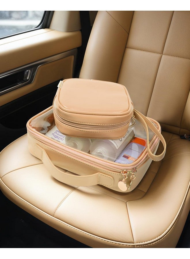 LETGO 2Pack Clear Makeup Bag Organizer Set Clear Cosmetics Bags With Handle Make Up Pouches Travel Szie Toiletry Bag Travel Essentials Pink Car Accessories For Women Men Girls (Handle-Sand, Large+Mini) - Image 5