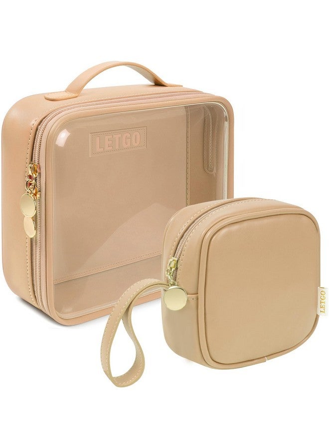 LETGO 2Pack Clear Makeup Bag Organizer Set Clear Cosmetics Bags With Handle Make Up Pouches Travel Szie Toiletry Bag Travel Essentials Pink Car Accessories For Women Men Girls (Handle-Sand, Large+Mini) - Image 1