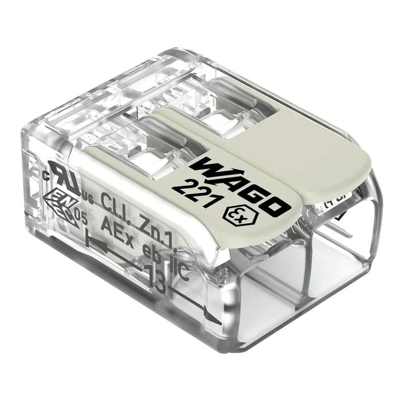 Wago 221-682 | 221 Series Lever-Nuts® for Hazardous Locations | 2-Conductor Splicing Connector | 20 – 10 AWG | Transparent housing, White Operating levers | [Box of 50 Pieces] - Image 1