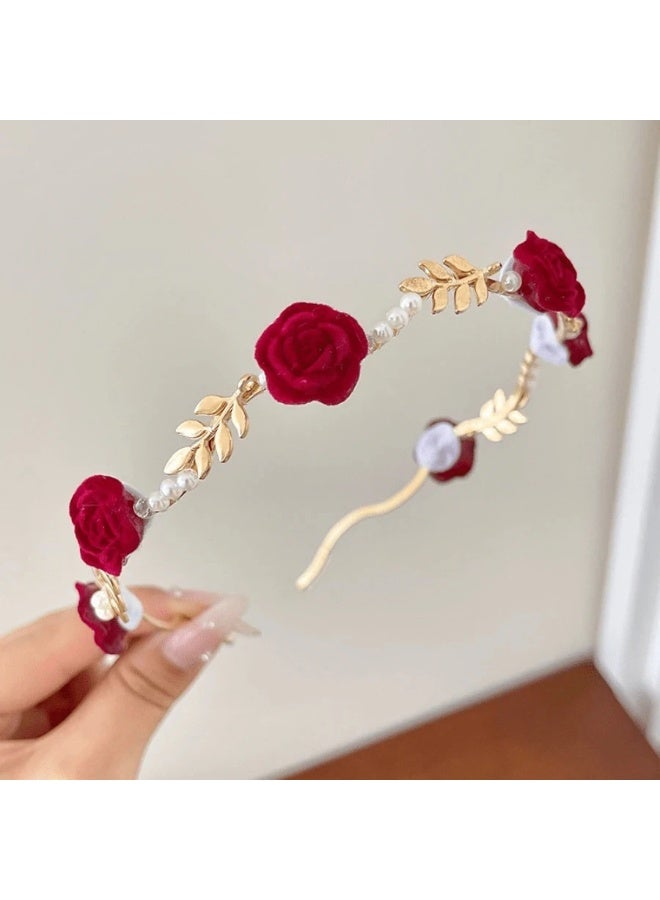 Miamia 2 Pcs Floral Headbands with Artificial Pearl Decorations Stylish and Perfect for Valentine’s Day Includes Hairbands Hair Ties Rose Pearl Headbands and Hair Hoops in Multiple Colors  - Image 2
