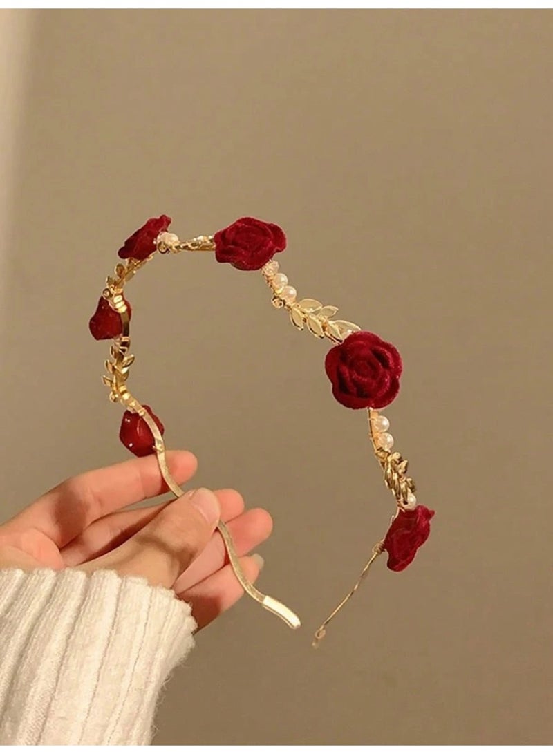 Miamia 2 Pcs Floral Headbands with Artificial Pearl Decorations Stylish and Perfect for Valentine’s Day Includes Hairbands Hair Ties Rose Pearl Headbands and Hair Hoops in Multiple Colors  - Image 1