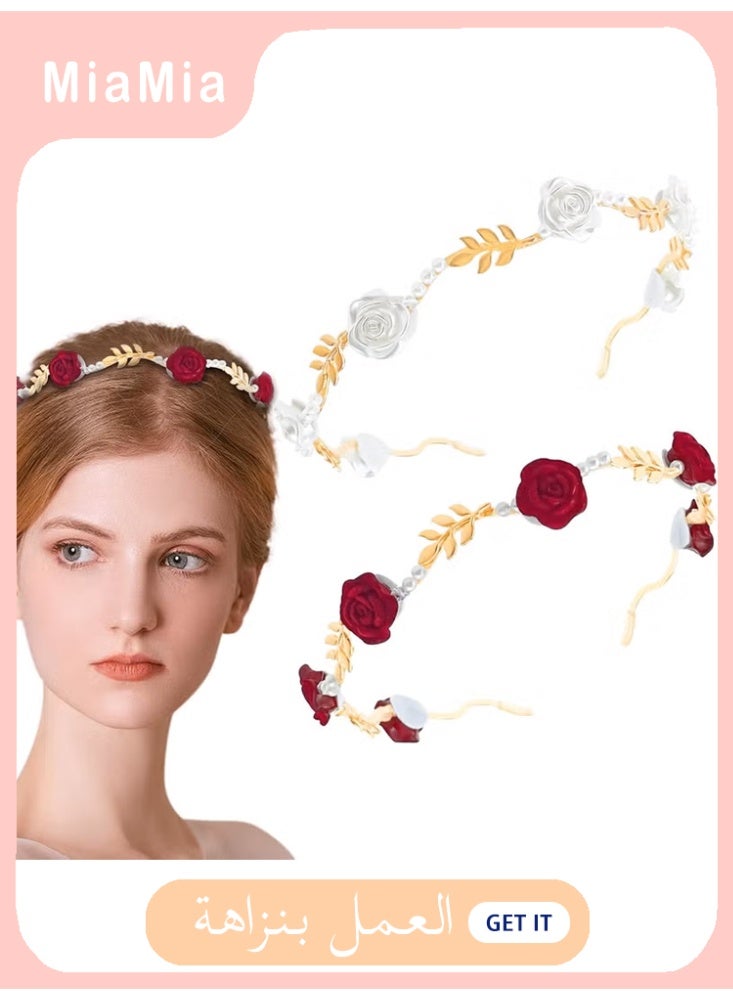 ميأميأ شبكتان من عصابات الرأس المزينة بالزهور وأحجار اللؤلؤ الاصطناعية، أنيقة ومثالية لعيد الحب تتضمن عصابات شعر، أربطة شعر، رؤوس لؤلؤية من الورود، وخواتم شعر بألوان متعددة - Image 1