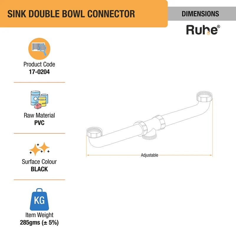 Ruhe® Double Bowl Kitchen Sink Connector Pipe | Water Drain Out PVC Adjustable Pipe | Black - Image 3