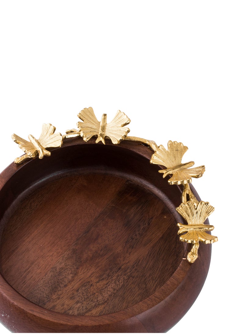 Dania Round serving dish made of beech wood with multi-use golden butterfly decor  - Image 4