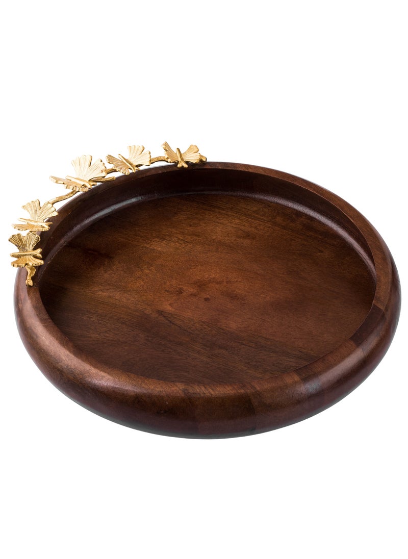 Dania Round serving dish made of beech wood with multi-use golden butterfly decor  - Image 3
