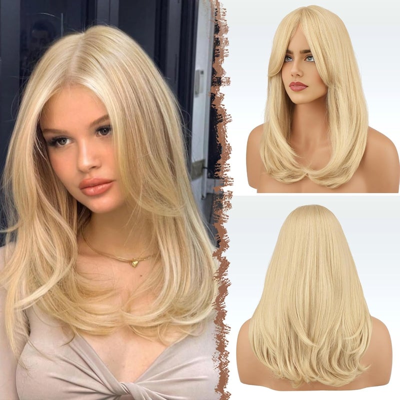 FESHFEN Light Blonde Wigs with Bangs for Women Synthetic Natural Looking Long Layered Straight Blonde Hair Wig for Daily Party Use 18 inch