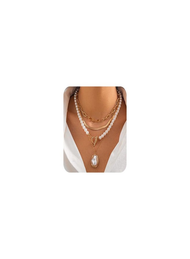 Chargances Boho Layered Baroque Pearl OT Clasp Necklace Vintage Paperclip Pearl Chain Choker Stacking Snake Bone Chain Retro Necklace for Women (Gold) - Image 1