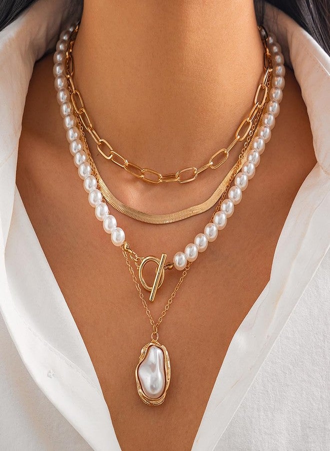 Chargances Boho Layered Baroque Pearl OT Clasp Necklace Vintage Paperclip Pearl Chain Choker Stacking Snake Bone Chain Retro Necklace for Women (Gold) - Image 2