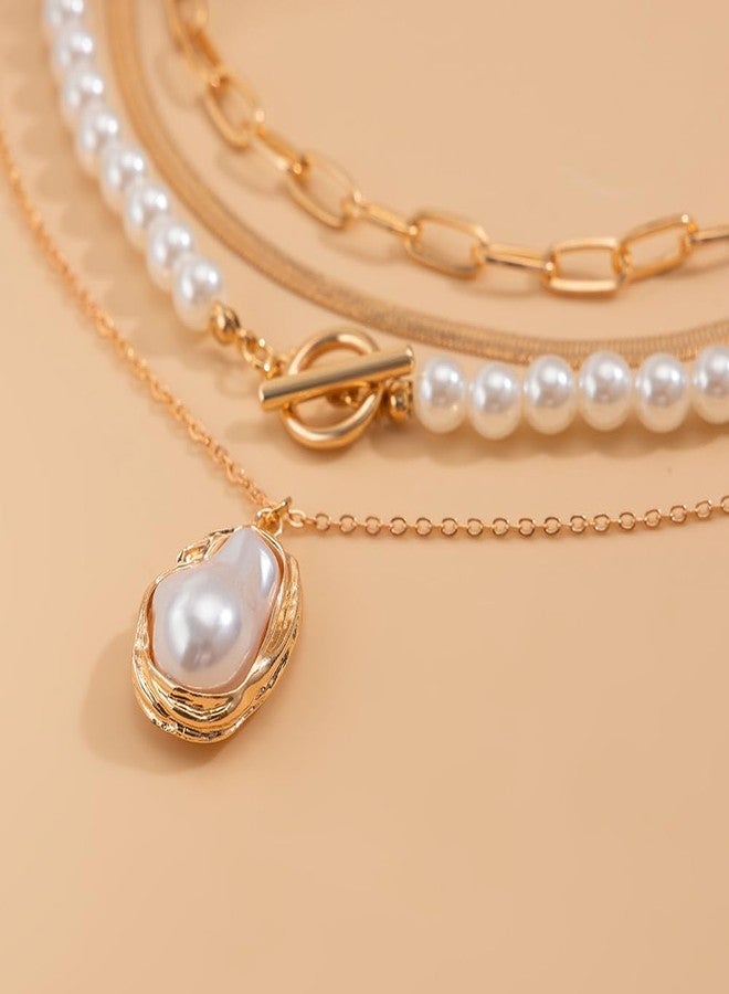 Chargances Boho Layered Baroque Pearl OT Clasp Necklace Vintage Paperclip Pearl Chain Choker Stacking Snake Bone Chain Retro Necklace for Women (Gold) - Image 3