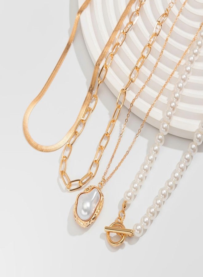 Chargances Boho Layered Baroque Pearl OT Clasp Necklace Vintage Paperclip Pearl Chain Choker Stacking Snake Bone Chain Retro Necklace for Women (Gold) - Image 4