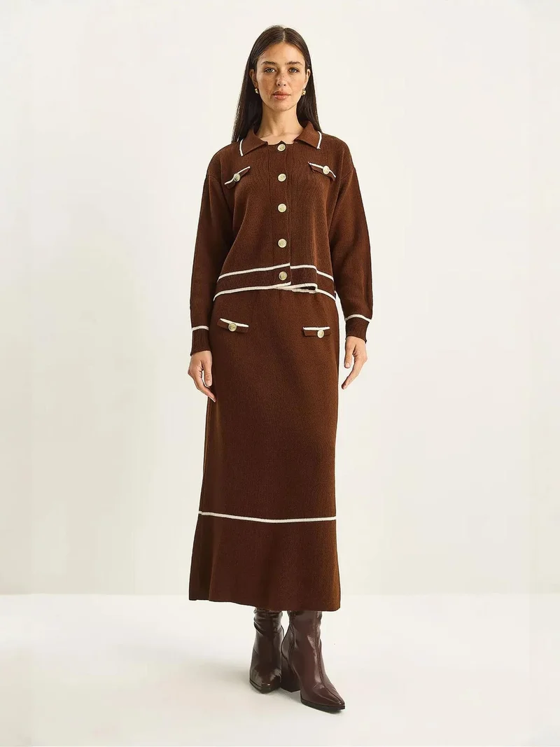 بيانكو لوتشي LUCCI Ribbed Knitwear Midi Two-Piece Set with Button Closure