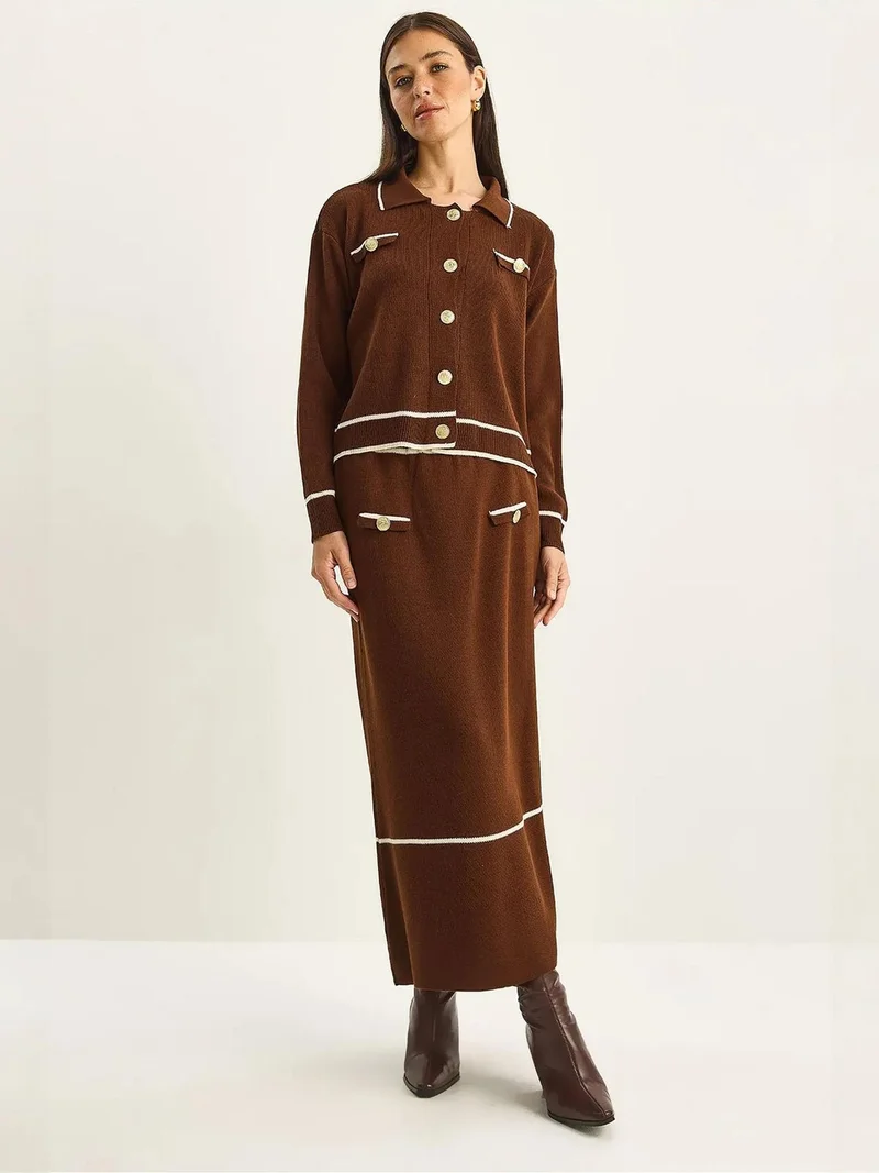 بيانكو لوتشي LUCCI Ribbed Knitwear Midi Two-Piece Set with Button Closure