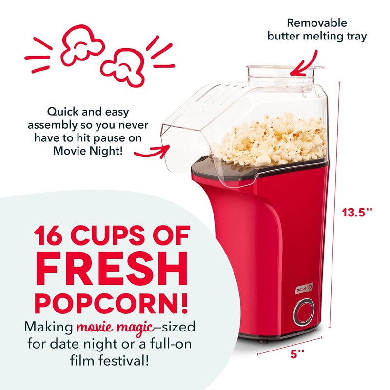 Dash Dash DAPP150V2RD04 Hot Air Popcorn Popper Maker with with Measuring Cup to Portion Popping Corn Kernels Melt Butter Makes 16C Red  - Image 4