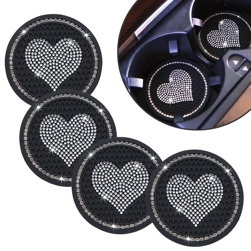 CMWWYFC Car Coasters for Cup Holders, 2.75 Inch Auto Cup Holder Insert Coasters Silicone Anti-Slip Crystal Rhinestone Cute Drink Car Cup Mat, 4PSC Bling Car Accessories for Women & Lady (Heart Black) - Image 1