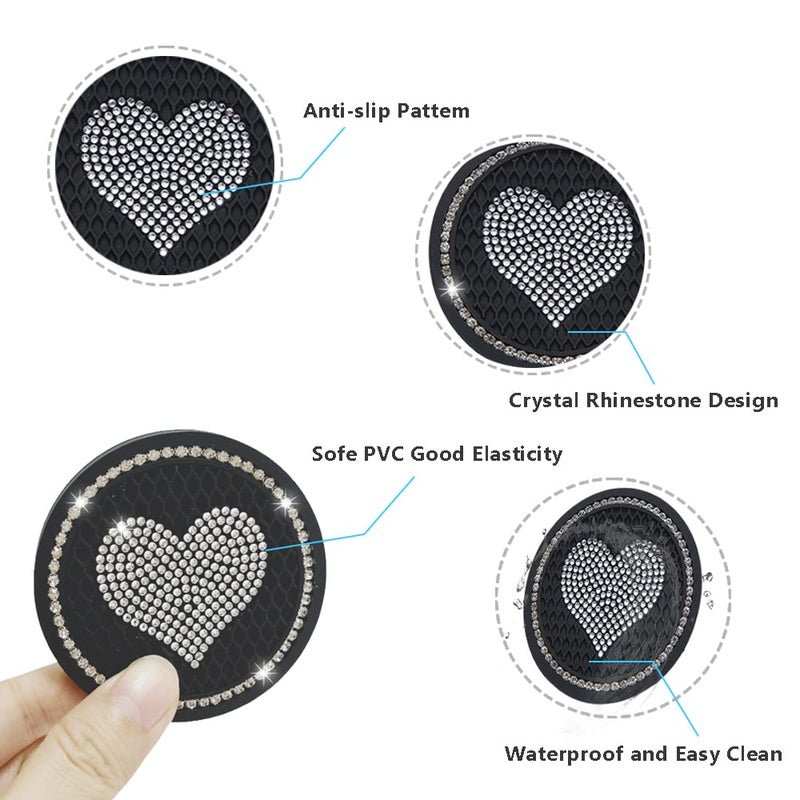 CMWWYFC Car Coasters for Cup Holders, 2.75 Inch Auto Cup Holder Insert Coasters Silicone Anti-Slip Crystal Rhinestone Cute Drink Car Cup Mat, 4PSC Bling Car Accessories for Women & Lady (Heart Black) - Image 3