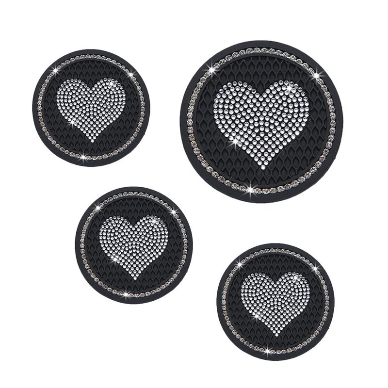CMWWYFC Car Coasters for Cup Holders, 2.75 Inch Auto Cup Holder Insert Coasters Silicone Anti-Slip Crystal Rhinestone Cute Drink Car Cup Mat, 4PSC Bling Car Accessories for Women & Lady (Heart Black) - Image 2