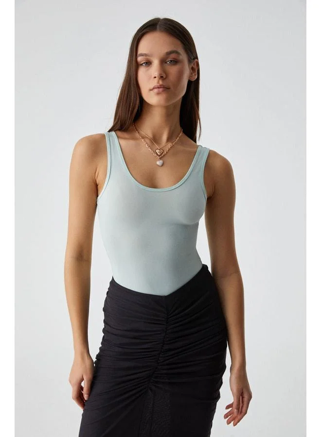 GRIMELANGE Chıles Women's Slim Round Neck Sleeveless Snap Mint Green Blouse