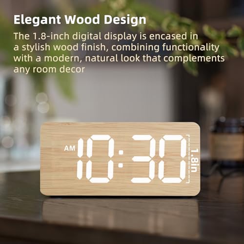 uscce Wooden Digital Alarm Clocks for Bedrooms: Dimmable Dual Alarm Clock with Large Numbers for Bedside Desk - Loud Alarm for Heavy Sleepers with Volume Control - Wood Decor & Gifts - Image 2