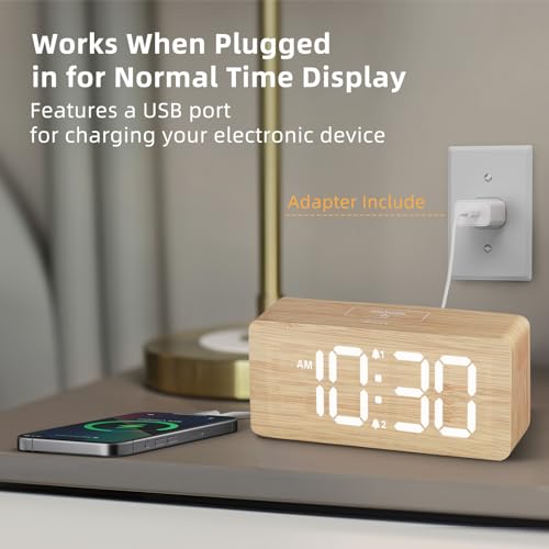 uscce Wooden Digital Alarm Clocks for Bedrooms: Dimmable Dual Alarm Clock with Large Numbers for Bedside Desk - Loud Alarm for Heavy Sleepers with Volume Control - Wood Decor & Gifts - Image 3