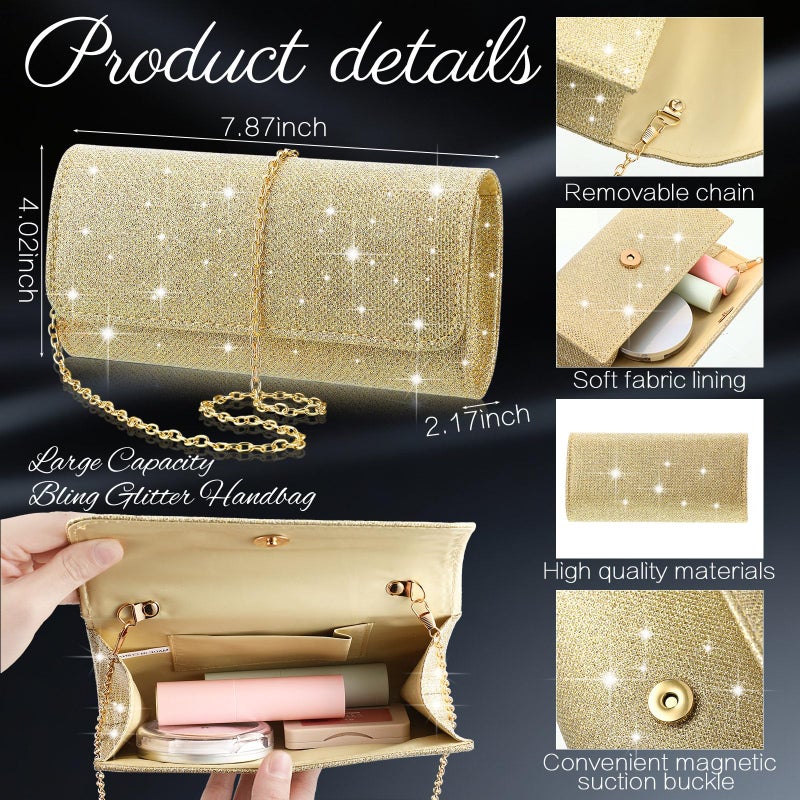 Canchiing 5 Pcs Rhinestone Jewelry Set for Women Glitter Bling Clutch Purse Necklace Earrings Bracelet Ring for Bride Wedding(Gold) - Image 3