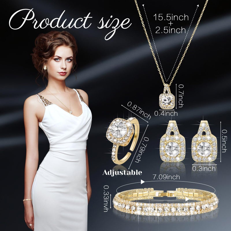 Canchiing 5 Pcs Rhinestone Jewelry Set for Women Glitter Bling Clutch Purse Necklace Earrings Bracelet Ring for Bride Wedding(Gold) - Image 2