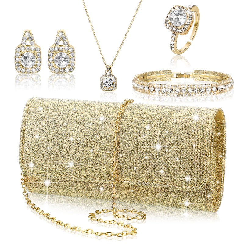 Canchiing 5 Pcs Rhinestone Jewelry Set for Women Glitter Bling Clutch Purse Necklace Earrings Bracelet Ring for Bride Wedding(Gold) - Image 1