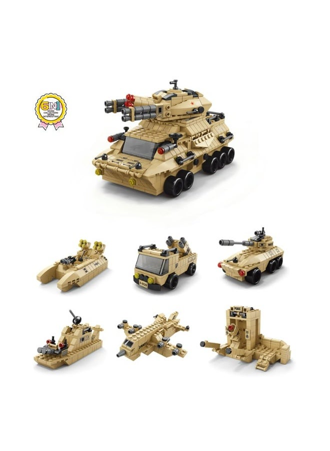 6-in-1 Military Building Blocks Armored Vehicle Set, 1000+ PCS DIY Construction Brick Tank Toy Model for Kids & Collectors - Image 2