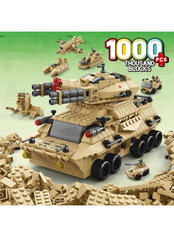 6-in-1 Military Building Blocks Armored Vehicle Set, 1000+ PCS DIY Construction Brick Tank Toy Model for Kids & Collectors - Image 1