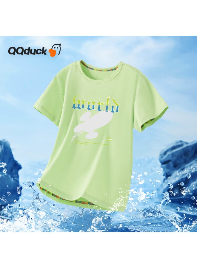 Qq Duck Children's Clothing T-shirt For Boys And Girls, Summer Student Wear, Gray Spaceship Fruit Green; Size 120