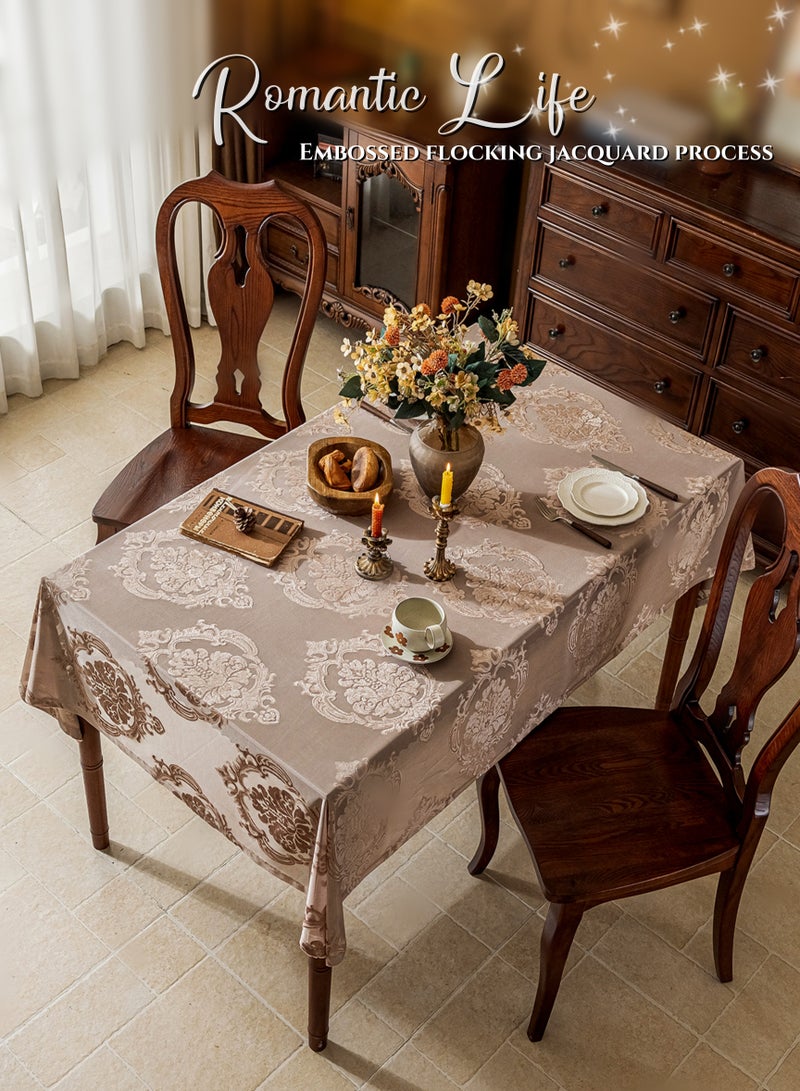 Lace Mesh Rectangular Tablecloth,Table Covers,Coffee Table Cloth, Damascus Rose Embossed Flocking Jacquard,European Classical Luxury Style Light Brown, Soft and Environmentally Fabric, Wear-Resistant ,Durable, Machine Washable, Shrink-Resistant,Anti-Wrinkle, Finely Quilted and Reinforced,Home Kitchen Dining Tables Decorations, Outdoor Tables Clothes, Dinners, Weddings , Banquet Parties, Hotel Decorations,140*180cm(55*71inch) - Image 1