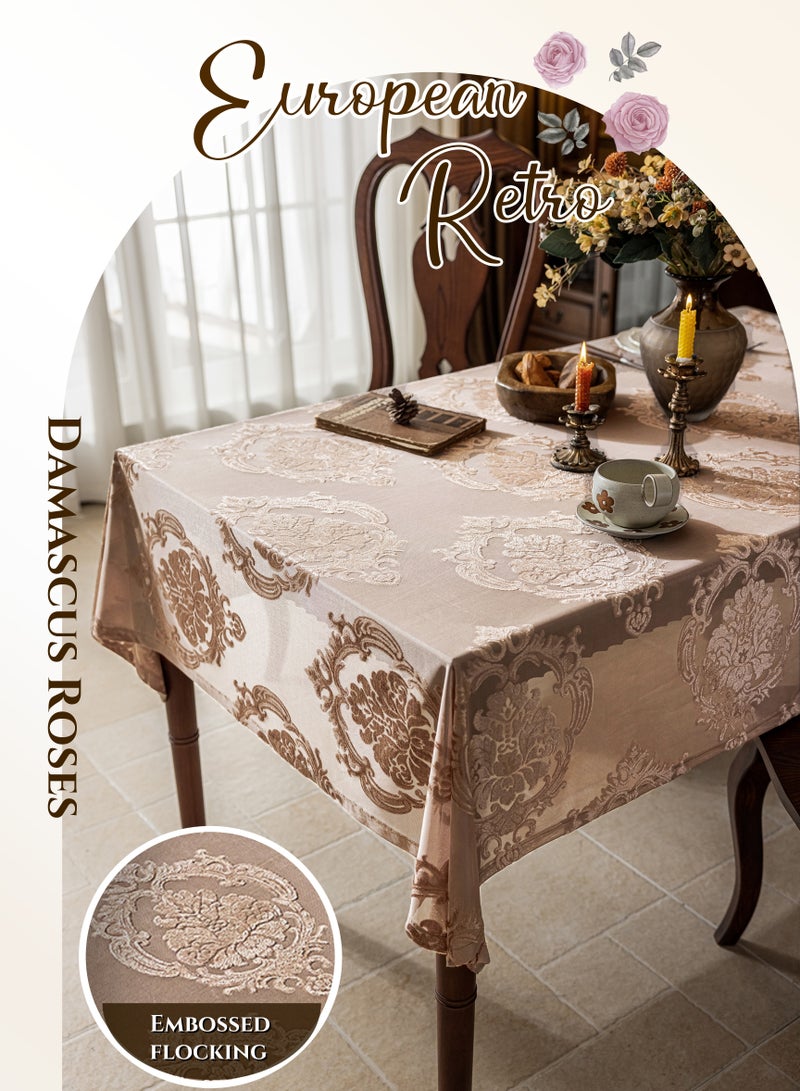 Lace Mesh Rectangular Tablecloth,Table Covers,Coffee Table Cloth, Damascus Rose Embossed Flocking Jacquard,European Classical Luxury Style Light Brown, Soft and Environmentally Fabric, Wear-Resistant ,Durable, Machine Washable, Shrink-Resistant,Anti-Wrinkle, Finely Quilted and Reinforced,Home Kitchen Dining Tables Decorations, Outdoor Tables Clothes, Dinners, Weddings , Banquet Parties, Hotel Decorations,140*180cm(55*71inch) - Image 2