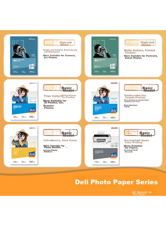Deli Deli A4 260g Double-sided High Gloss Photo Paper, Thickened Photo Printing Paper, 50 Sheets/box, 11827 - Image 1