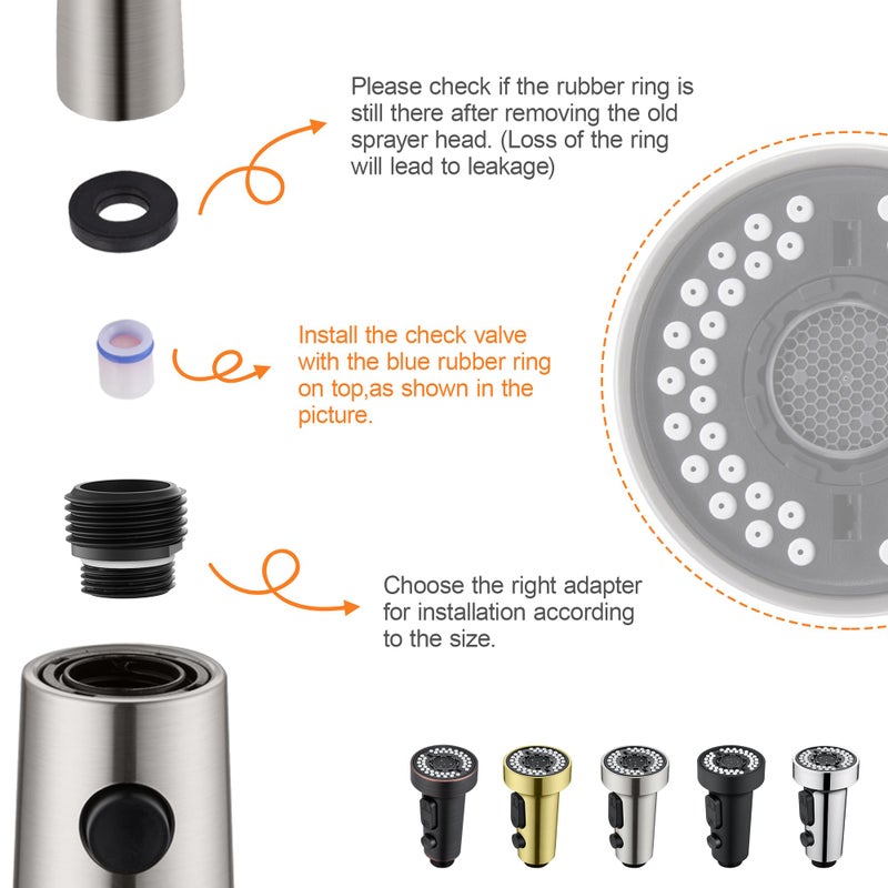 TIORIY Pull Down Spray Head Replacement - for Kitchen Faucet Sprayer Head with 15 Adapters, 3 Function Pull Out Faucet Spray Nozzle, Brushed Nickel - Image 4