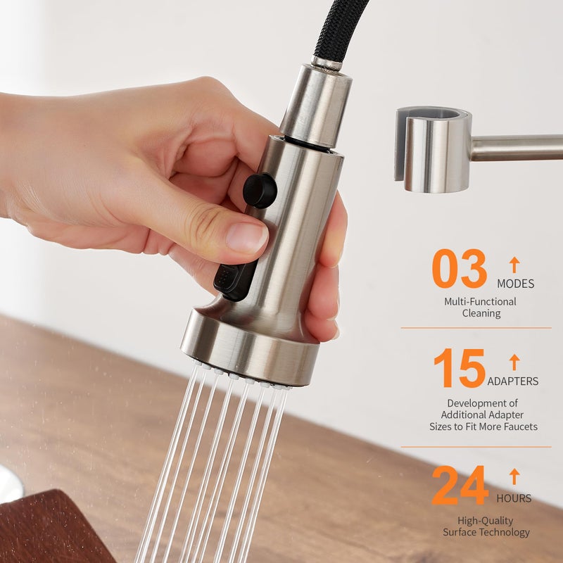 TIORIY Pull Down Spray Head Replacement - for Kitchen Faucet Sprayer Head with 15 Adapters, 3 Function Pull Out Faucet Spray Nozzle, Brushed Nickel - Image 3
