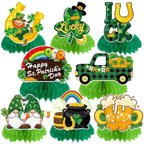 JULMELON St Patricks Day Table Decorations Honeycomb Centerpiece 8pcs Shamrock Leprechaun Lucky Gold Coin Table Topper Irish Party Home Decor - Image 1