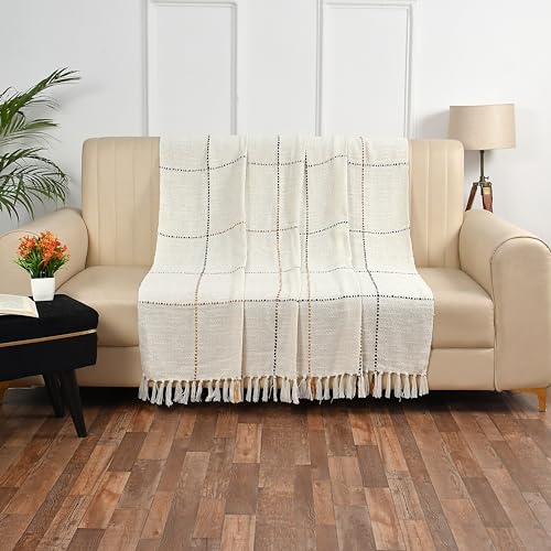 SASHAA WORLD Natural Multi Grid Patterned Handwoven Cotton Throw | Ideal for Your Home, Living Room, Sofa, Bed, Chair, Picnic & Used for Gift | 130X160 Cm, 100 Tc - Image 2